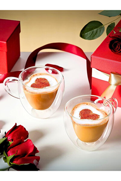 1Chase Set of 2 - Heart Shaped Double Wall Glass Coffee Mug With Handle, 180ml