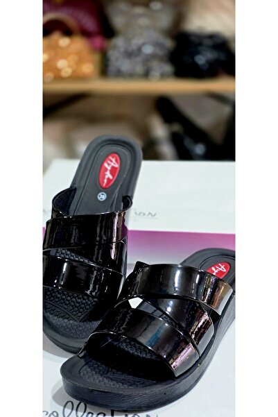 Ayder Black Shiny Banded Lightweight Wedge Sole Women's Slippers