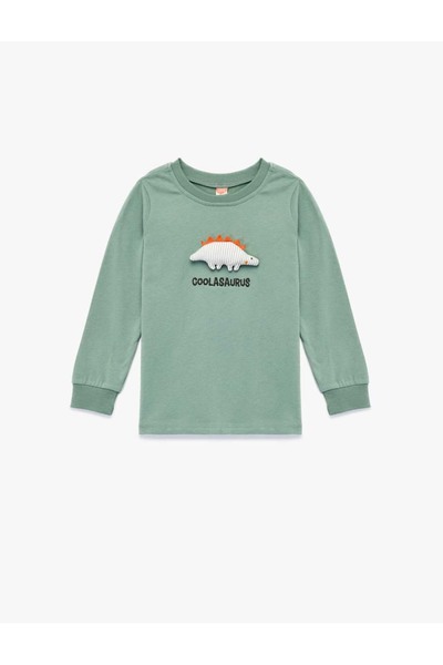 Koton Μπλουζάκι με μακρύ μανίκι με λαιμόκοψη και απλικέ δεινόσαυρος από βαμβάκι