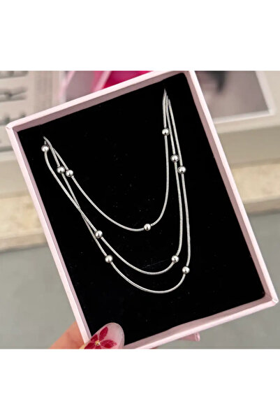 Ervalina 3'lü Dorika Zincir Çelik Kalın Kolye Gümüş Rengi