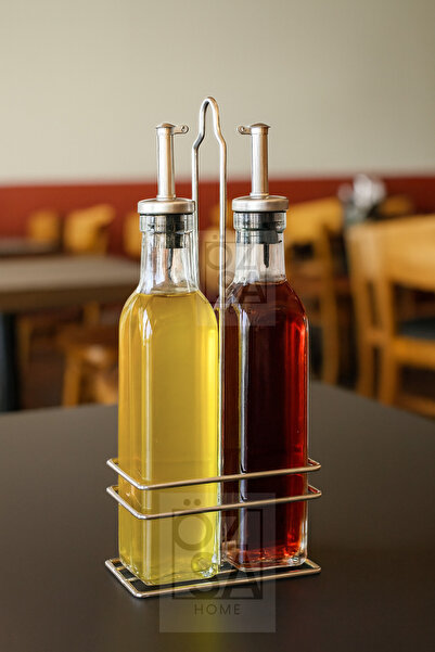 ÖzSa Home Set of 2 300 ml Olive Oil Liquid Oil Bottles with Metal Stand Oil Pot Oil Dispenser Vinegar Dispenser Restaurant Oil Dispenser