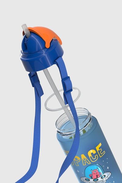 Renga Sonic Air Patterned 500 ml Matte Tritan Children's Water Bottle with Strap and Straw 912119 Blue