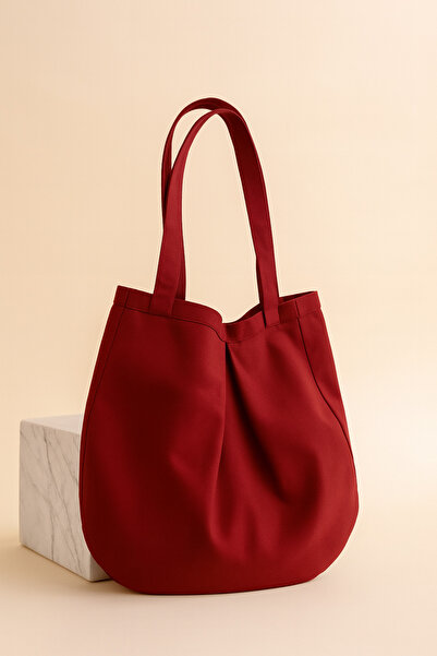 YUNUSOĞLU HOME Burgundy Multi-Purpose Premium Oversize Dotted Medium Size Canvas Women's Hand and Shoulder Bag