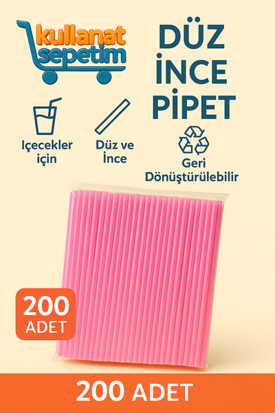 Kullanatsepetim Düz İnce Pipet 200’lü - Renkli, Hijyenik ve Kullanışlı Pipet Seti