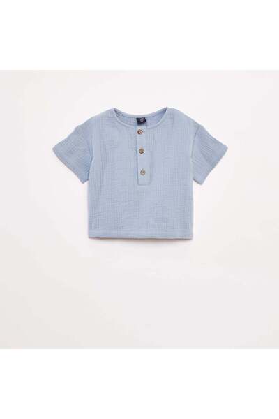 KIABI قميص قطني شاش بأكمام قصيرة باللون الأزرق