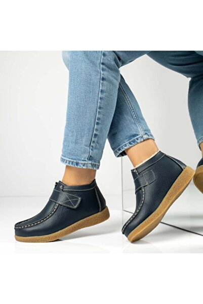 Modlet.ro Women's blue leather short ankle boots with hook-and-loop straps MO...