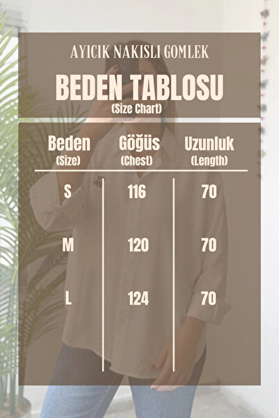 Kubos Moda Ayıcık Nakışlı Keten Dokulu Uzun Kol Ekru Kadın Gömlek