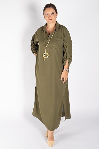 Bedrinxxl Kadın Büyük Beden Uzun Gömlek Yaka Haki Rahat Kesim Şık Günlük Elbise