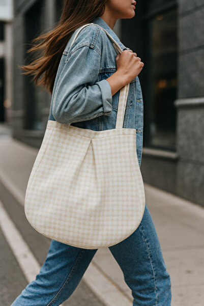 YUNUSOĞLU HOME Beige Multi-Purpose Premium Oversize Crowbar Medium Size Canvas Women's Hand and Shoulder Bag