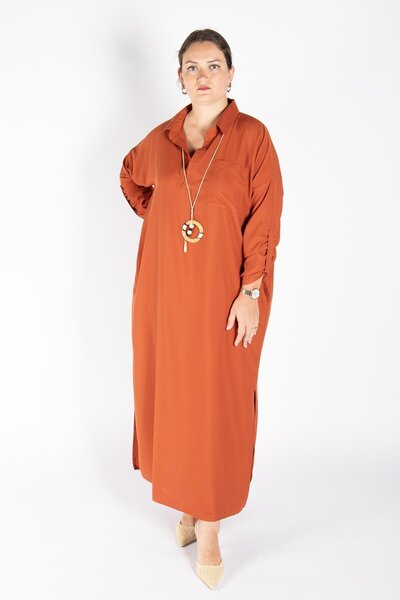 Bedrinxxl Kadın Büyük Beden Uzun Gömlek Yaka Turuncu Rahat Kesim Şık Günlük E...