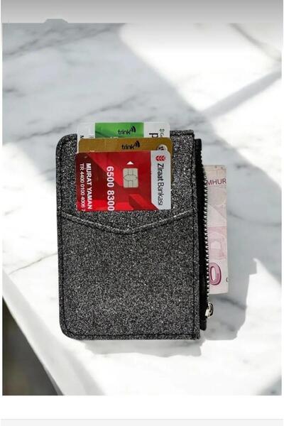 mirakuş Black Shiny Glitter Zippered Card Holder Wallet