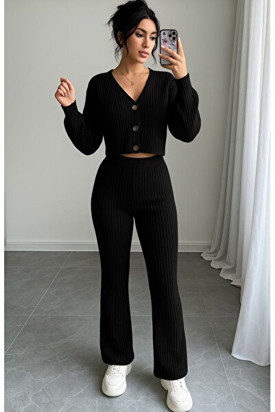 trendgar Kadın Siyah Fitilli Örme Kumaş V Yakalı Duğmeli Crop Sweatshirt Bol Kesim Rahat Eşofman Takım