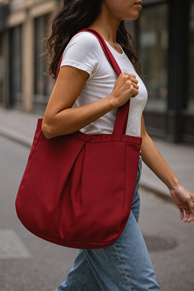 YUNUSOĞLU HOME Burgundy Multi-Purpose Premium Oversize Dotted Medium Size Canvas Women's Hand and Shoulder Bag