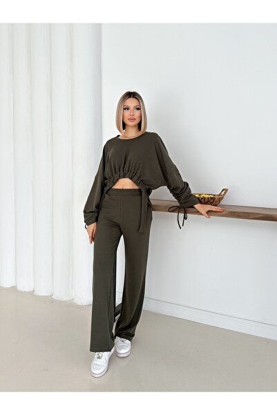 LE CARAMBOLE Women's Khaki Thessaloniki Fabric Bell-Bottomed Top and Bottom Set