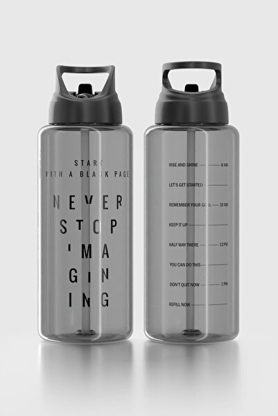 Renga Moly Text Patterned 1000 ml Tritan Flask with Straw 912139 Black