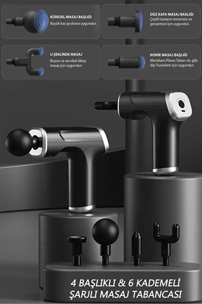 Canderel Profesyonel Şarjlı Masaj Tabancası 4 Başlıklı ve 6 Kademeli