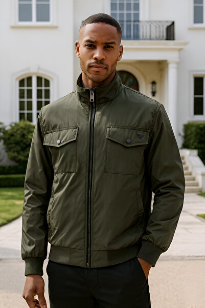 BESSA Khaki Waterproof Stand Collar Regular Fit Cargo Pocket Lined Seasonal Men's Coat