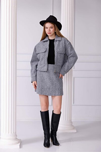 Pulli Collection Önden Fermuarlı Cepli Kaşe Takım - Etek Ceket Kombin