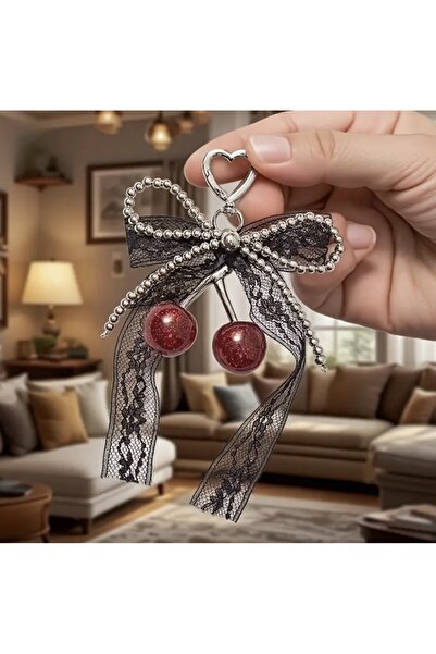 Accessories Hei Cherry Figured Black Ribbon Detailed Stylish Appearance Daily Bag Accessory Keychain