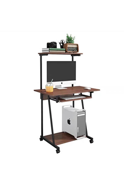 Un Brown office table with wheels and shelves - practical and saves you space