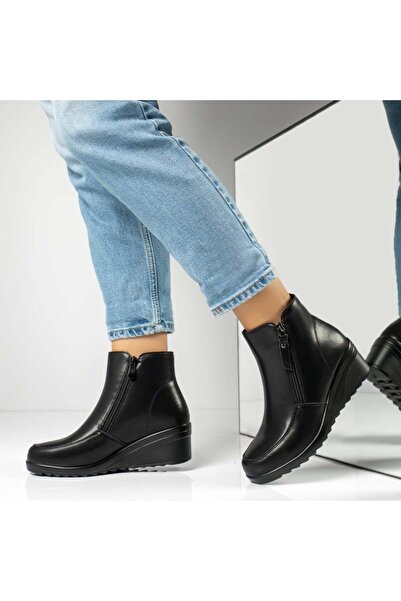 Modlet.ro Women's black leather platform ankle boots with zipper MOD14005