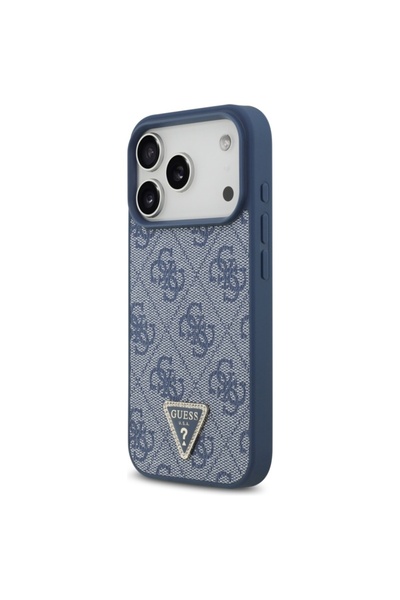 Guess Θήκη για iPhone 17 Pro, Δερμάτινη 4G Τρίγωνο Strass, Μπλε