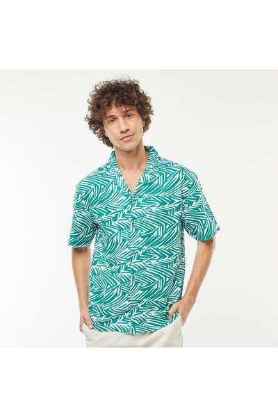 KIABI Short-sleeved printed linen-blend shirt GREEN