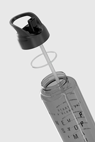 Renga Moly Text Patterned 1000 ml Tritan Flask with Straw 912139 Black