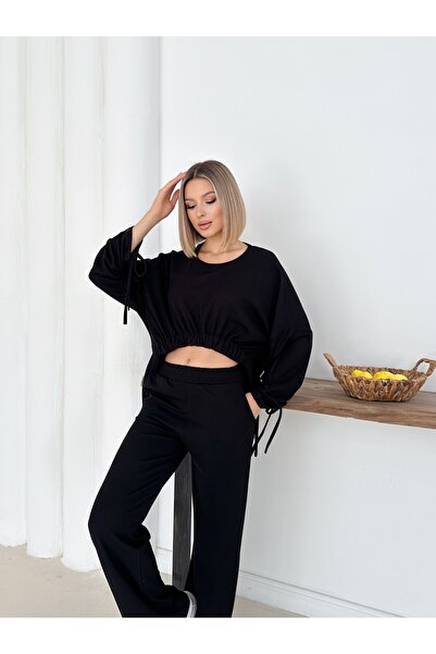 MODAMERSİ Women's Black Thessaloniki Fabric Bell-Bottomed Top and Bottom Set