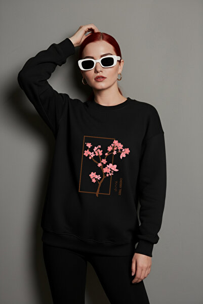 uyguntarz Unisex Cherry Tree Printed Oversize Crew Neck Sweatshirt
