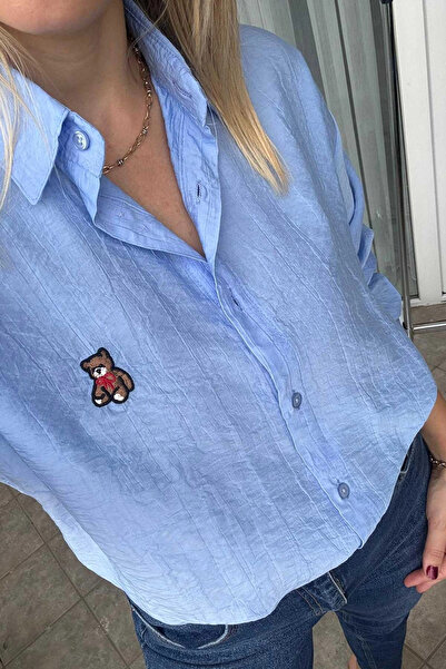 Kubos Moda Cămașă de damă albastră cu mânecă lungă din in brodat cu ursuleț