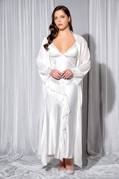 lidofya White Plus Size Long Satin Nightgown Dressing Gown Set