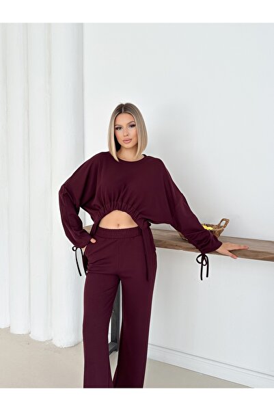 MODAMERSİ Women's Burgundy Thessaloniki Fabric Gusseted Bottom Top Set