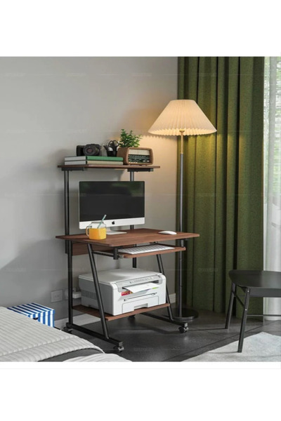 Un Brown office table with wheels and shelves - practical and saves you space