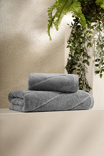 PASIONI طقم مناشف من القطن الدقيق عالي الجودة من بيلونا، قطعتان، لون رمادي