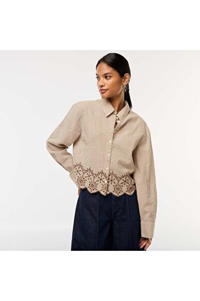 KIABI Striped Long-Sleeve Shirt with Embroidery BROWN