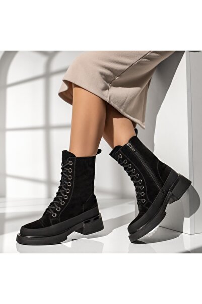 Modlet.ro Women's black leather suede lace-up ankle boots with zipper MOD14054