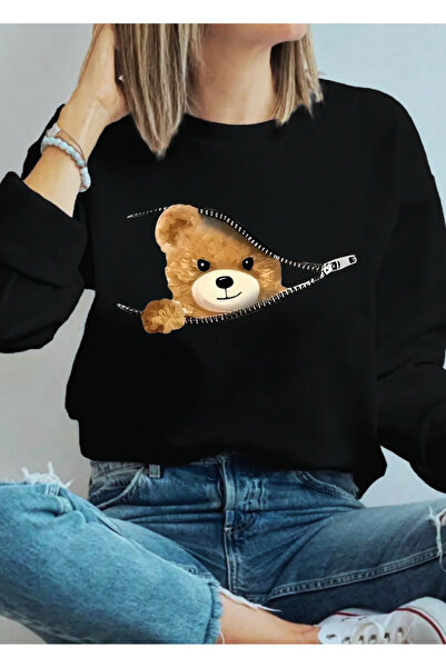 wonderbb Hanorac supradimensionat pentru femei „Ursuleț”, negru