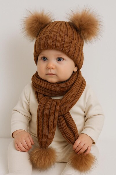 ŞAPKAKİDS SET DE TRICOTAJ TABA CU PONPON DUBLU, Eșarfă, Beretă