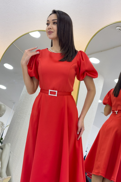 thezkscom Kadın Balon Kol Taş Kemerli Midi Boy Saten Abiye Elbise İndigo, Siyah, Beyaz, Kırmızı, Lacivert,Saks