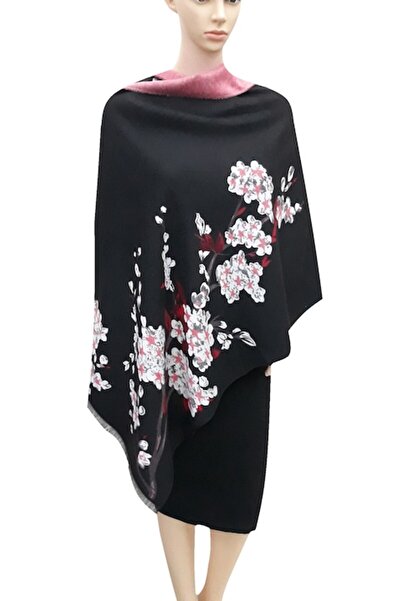 L-line fashion Eșarfă reversibilă pentru femei, negru-roșu, model floral, 190x65 cm