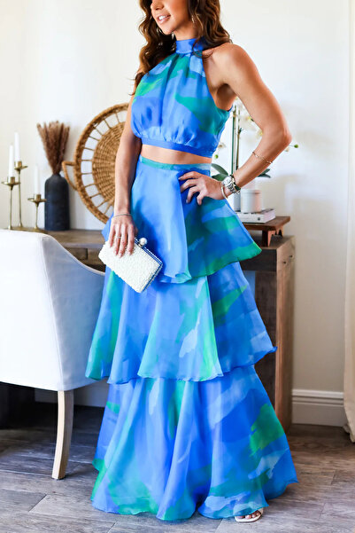 ITALY Maxi Boy Bel Detaylı Fırfırlı Elbise Lacivert Bel Detaylı Maxi Boy Fırfırı Halter Yaka Elbise