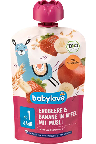 Babylove dm Meyve Püresi Elma ,çilek,muz ve tahıl, 1 yaşından itibaren, 100 g