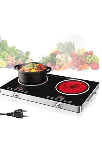 Rovitech Plita electrica vitroceramica, 3500W, 2 zone de gatit, display LED, touch control, 4 functii