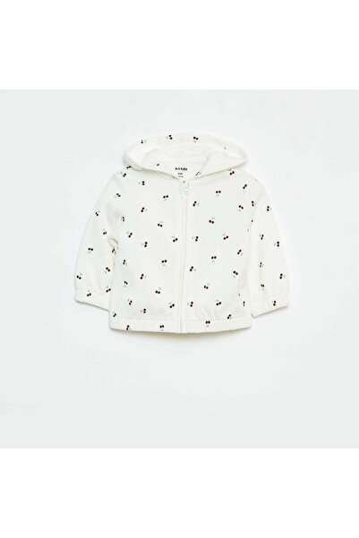 KIABI هودي بسحاب منقوش باللون الأبيض
