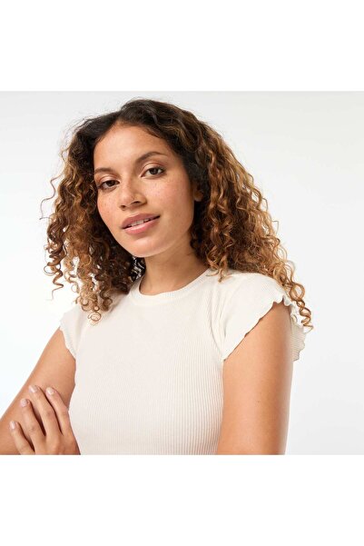 KIABI Ribbed T-shirt with flounced sleeves WHITE