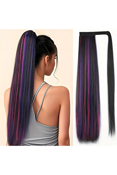 Belora Extensie de coadă de cal neagră cu șuvițe mov și roz