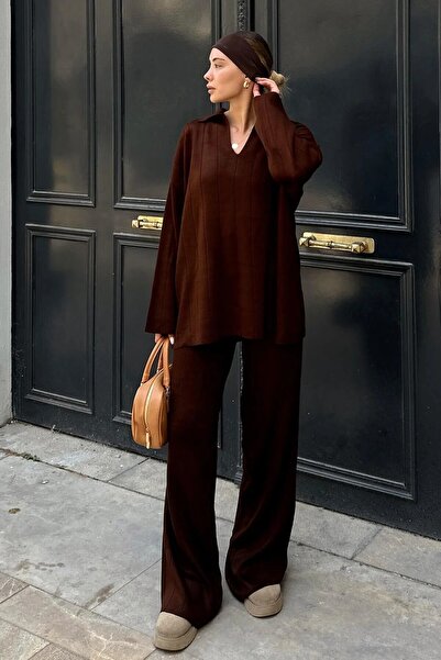 Marbella Women's Polo Neck Ribbed Knit Sweater Pants Two-Piece Set