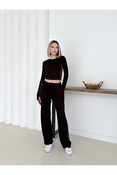 LE CARAMBOLE Women's Coffee Color Modal Top and Bottom Set with Finger Insertion and Side Stone Detail