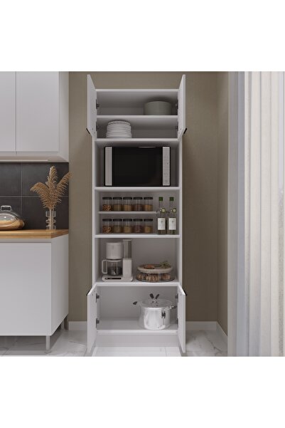 ASES Esl0182 Çok Amaçlı Dolap 4 Kapaklı 5 Raflı Kiler Mutfak Dolabı Beyaz